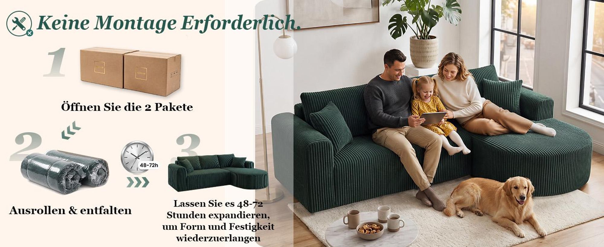 Sofa Ecksofa mit Schlaffunktion, Corduroy Modulares Boneless Couch mit Chaiselongue, L-Form Schlafsofa, Sektionssofas mit Kissen & Seitentaschen 243cm