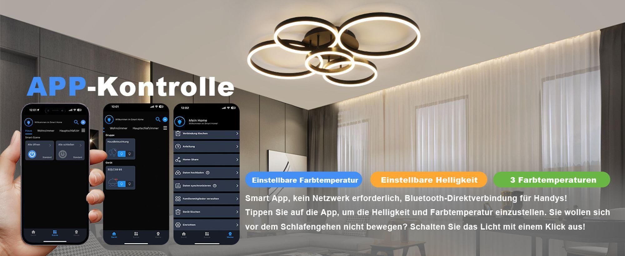 ZMH Lampa Sufitowa LED 78W Ściemnialna z Pilotem 5 Pierścieni Oświetlenie Wewnętrzne Czarne do Salonu Sypialni Kuchni Biura Gabinetu