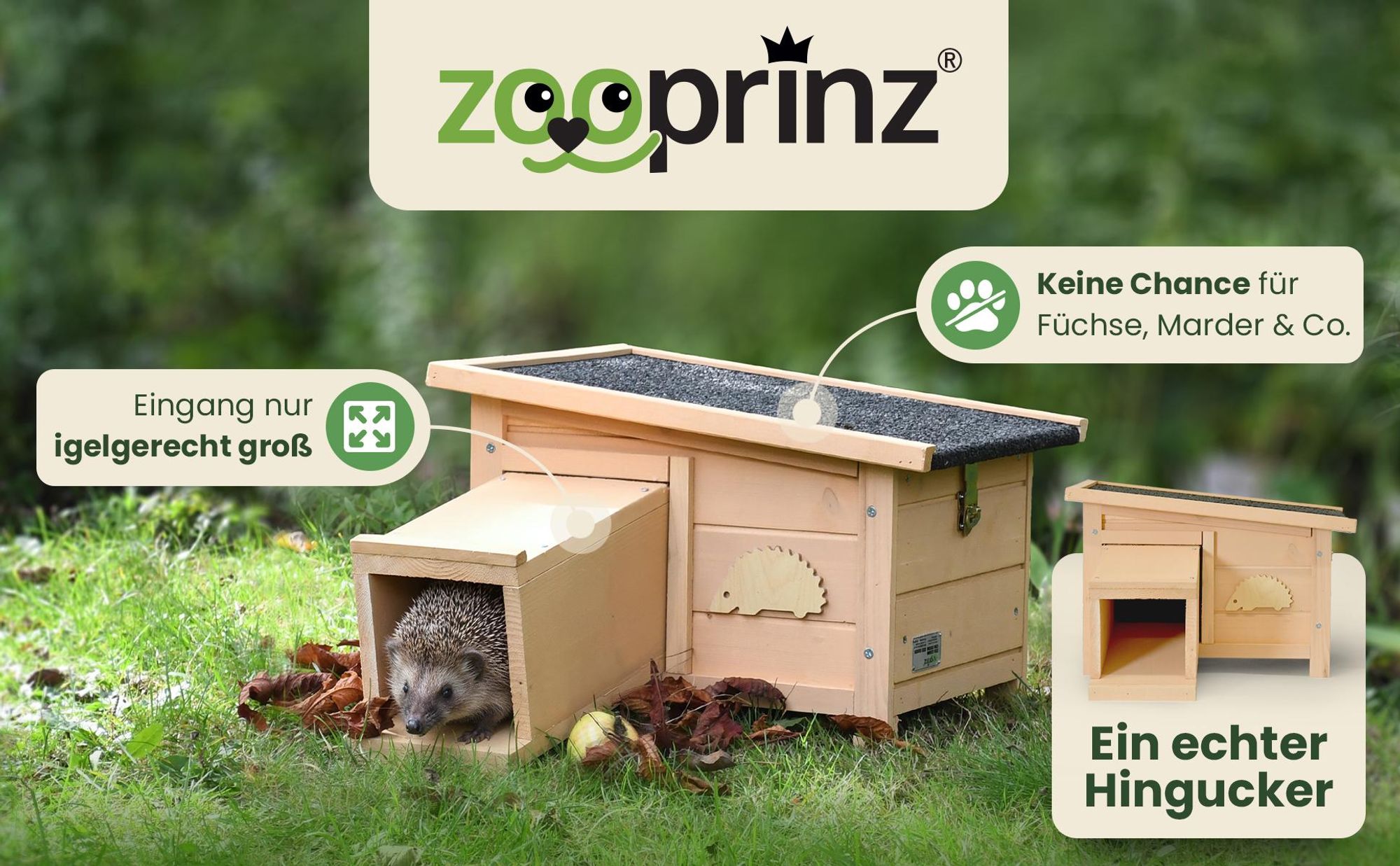 Igelhaus Igelhütte Holz zooprinz Hugo | mit Labyrinth Tunneleingang | Wetterfest Winterfest | Vollholz | 72×28×29 cm Winterquartier
