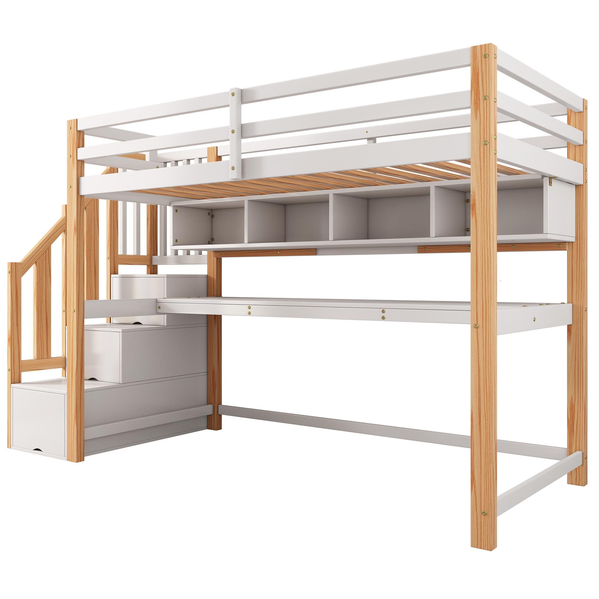 Flieks Etagenbett 90x200cm mit Treppe, Hochbett mit Schreibtisch und Bücherregal, Kinderbett mit Rausfallschutz & Lattenrost, Stockbett Naturbelassen