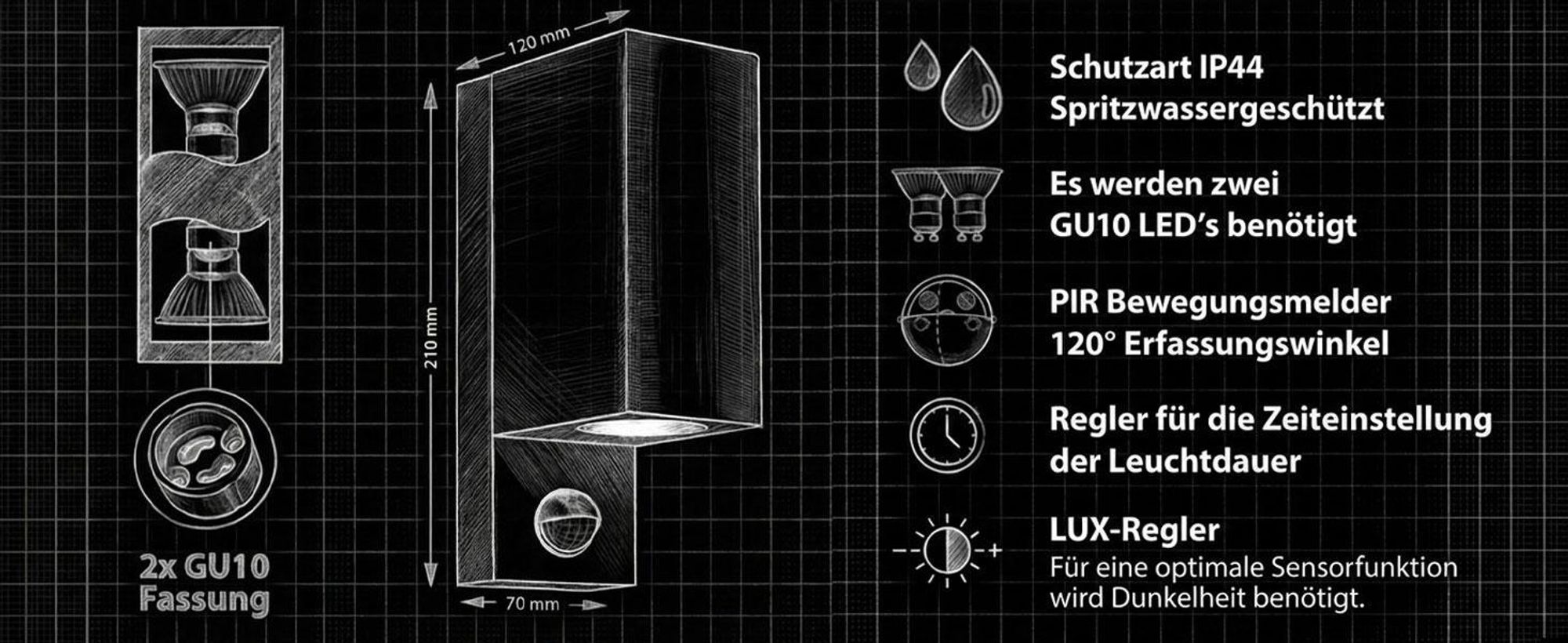 Maxkomfort Außenwandleuchte IP44 Schwarz 1268E1-SN Up&Down mit Bewegungsmelder