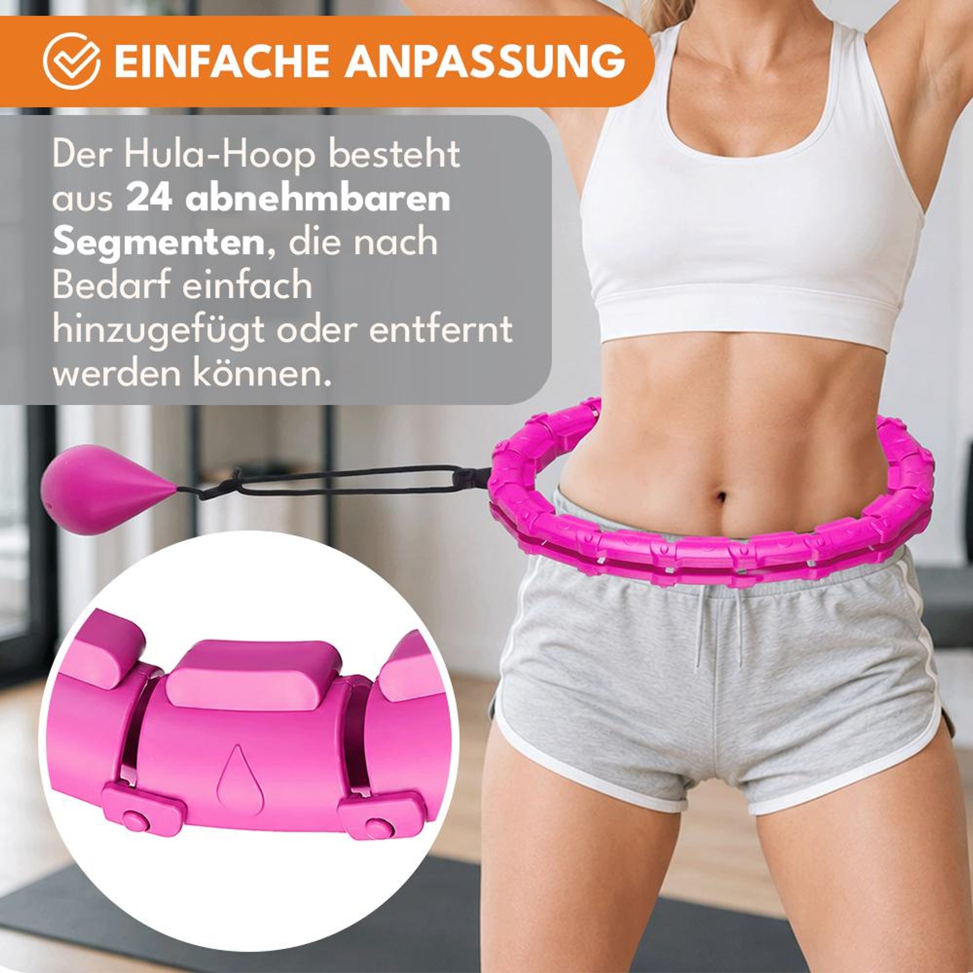 KRUMAD Hula Hoop mit Gewichtskugel, Fitnessreifen 50 cm, verstellbarer Umfang, 360° drehbar, Fitnessreifen mit Noppen, Rosa
