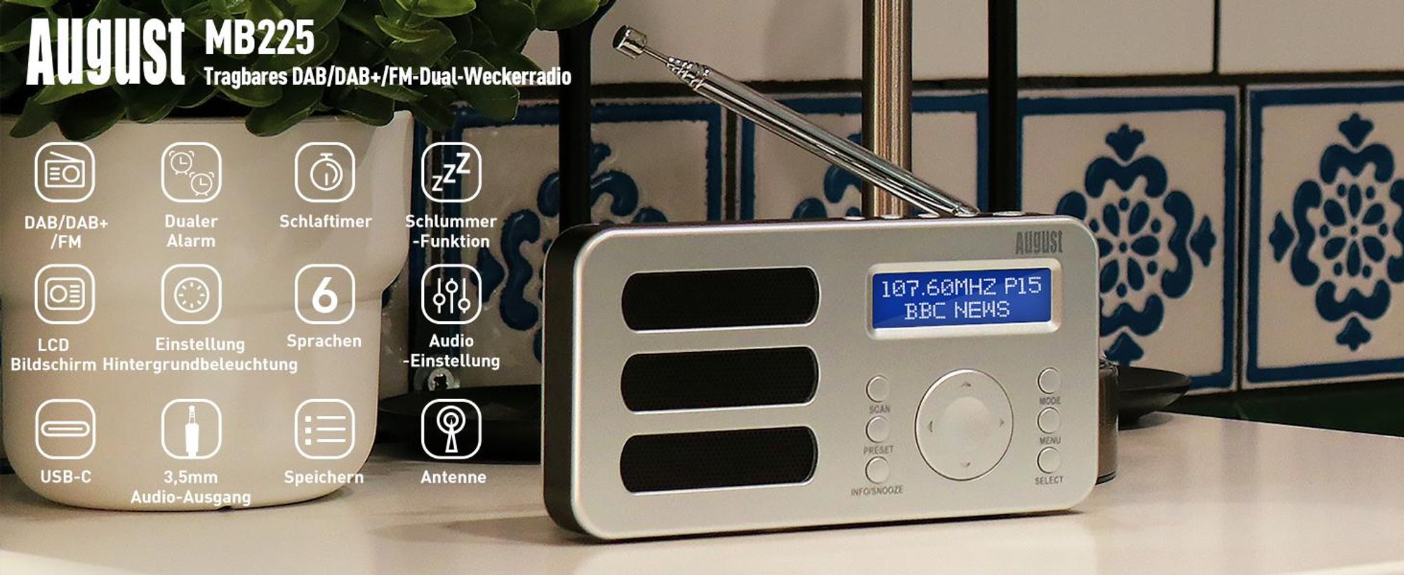 Tragbarer DAB+ FM Alarm Radiowecker Wiederaufladbar AUX 40 Presets - August MB225