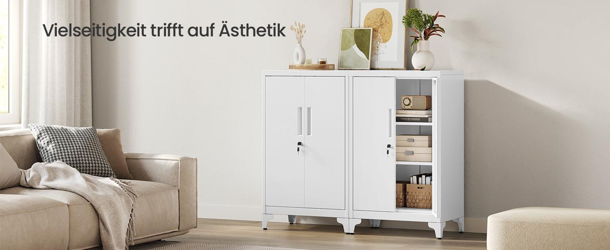 SONGMICS Aktenschrank, Mehrzweckschrank, Büroschrank mit 2 Türen, Schrank abschließbar, aus Stahl Mattweiß