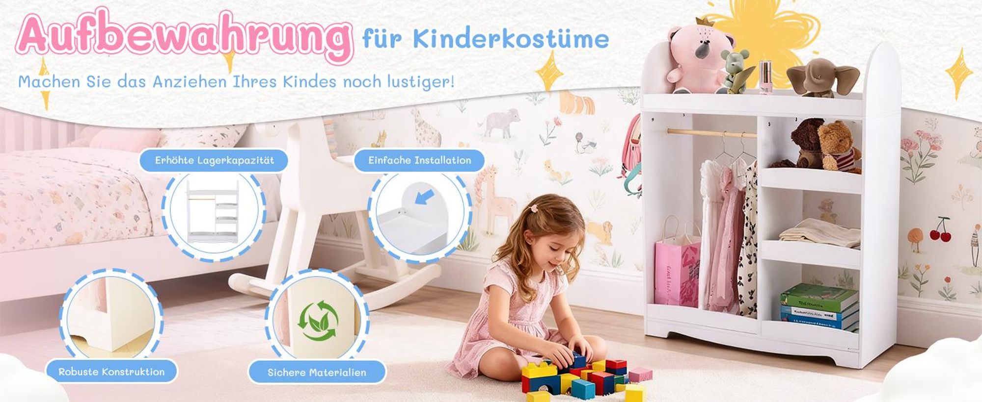 FCH kinderkleiderschrank mit 3 offener Ablagen, Haken, Kindergarderobe mit Kleiderständer, Weiß