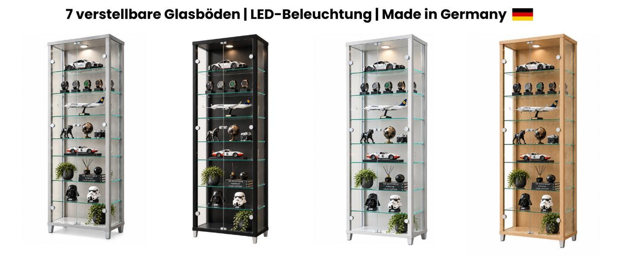 Vier AGIONDA Standvitrinen in Weiß, Schwarz, Silber und Buche.