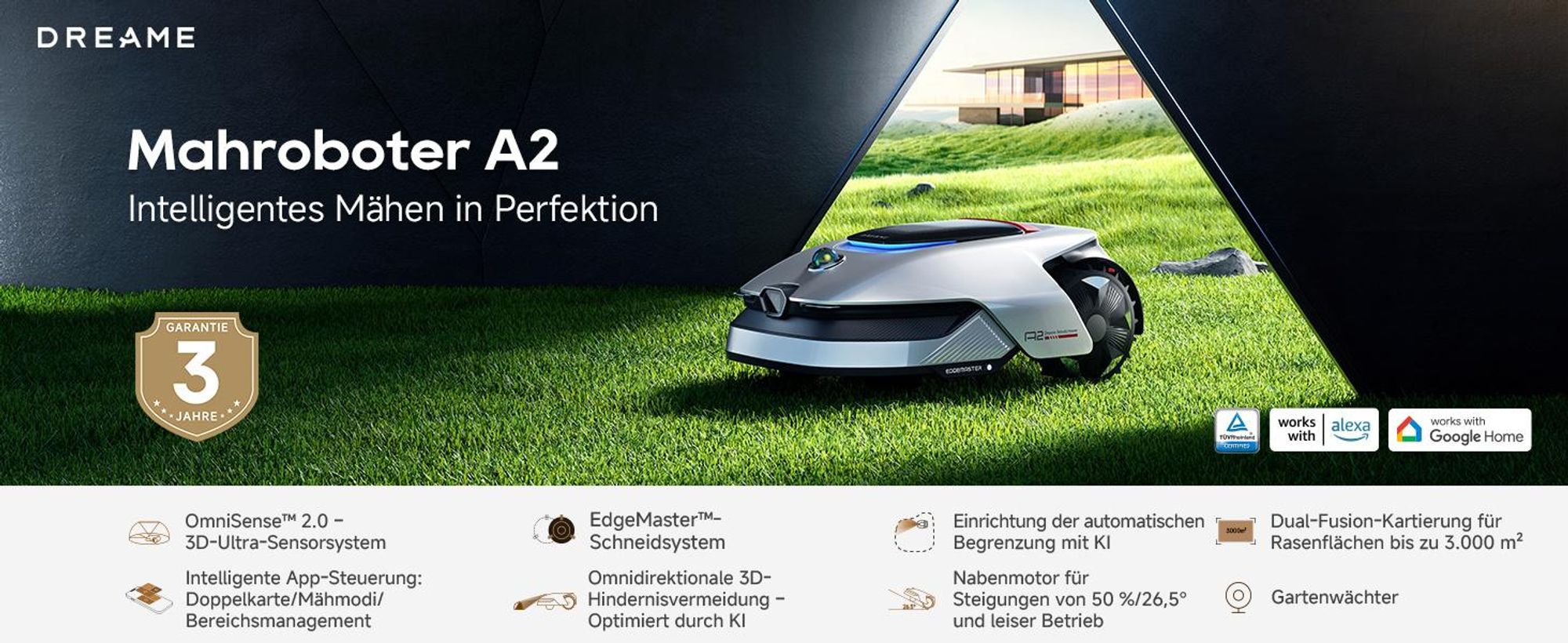 DREAME A2-1200 Akku-Mähroboter mit RKT,1200m²,360° 3D-LiDAR&KI-Vision,26,5° Steigung,U-förmige Mähbahn,5cm EdgeMaster Präzisionsschnitt,Dual-Map,App