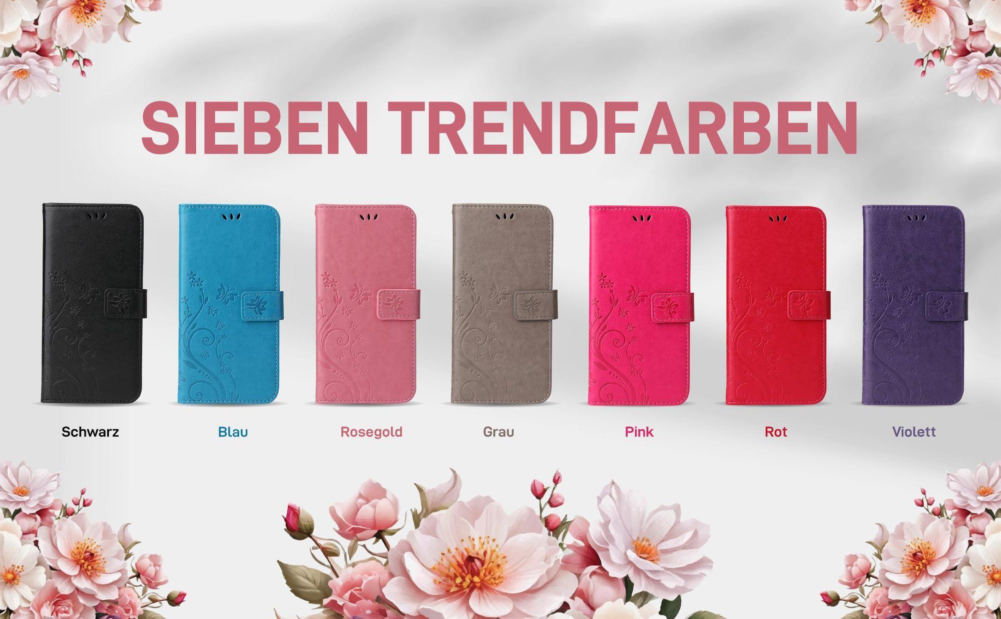 Handyhüllen für Samsung Galaxy S26 FE in verschiedenen Farben und Blumenprägung