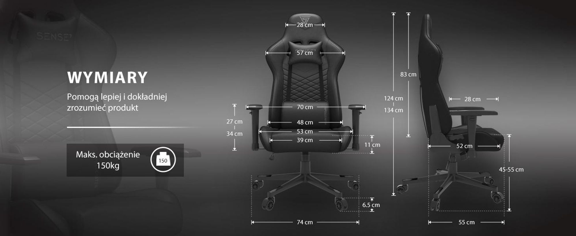 Krzesło gamingowe SENSE7 Spellcaster z ekologicznej skóry, czarne – ergonomiczne krzesło biurowe, krzesło do biurka komputerowego, krzesło dla graczy, nośność 150 kg, podłokietniki z regulacją 2D, odchylenie oparcia 160°, fotel szefa