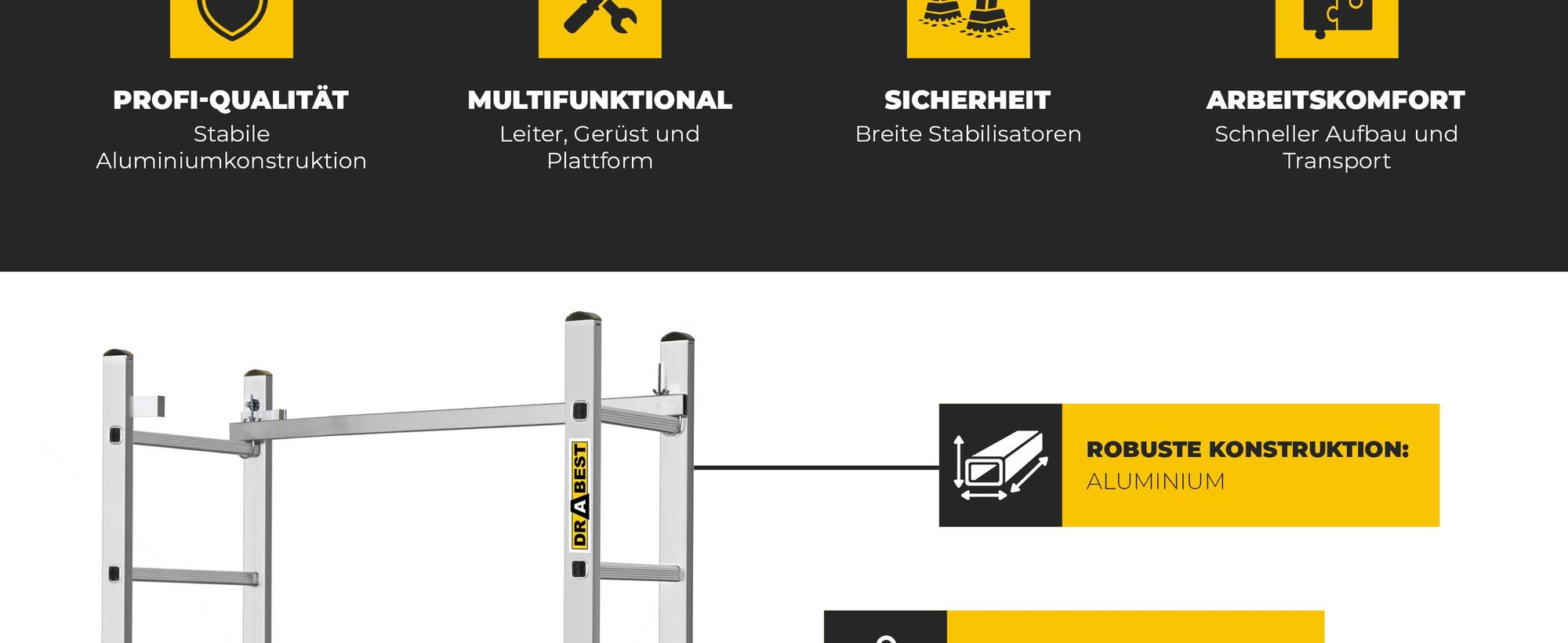 Drabest |  Aluminiumgerüst - gerüst - Mehrzweckleiter - Leitergerüst - 2x6 - leiter gerüst - 150kg - plattform aluminium gerüst - 33x114 cm