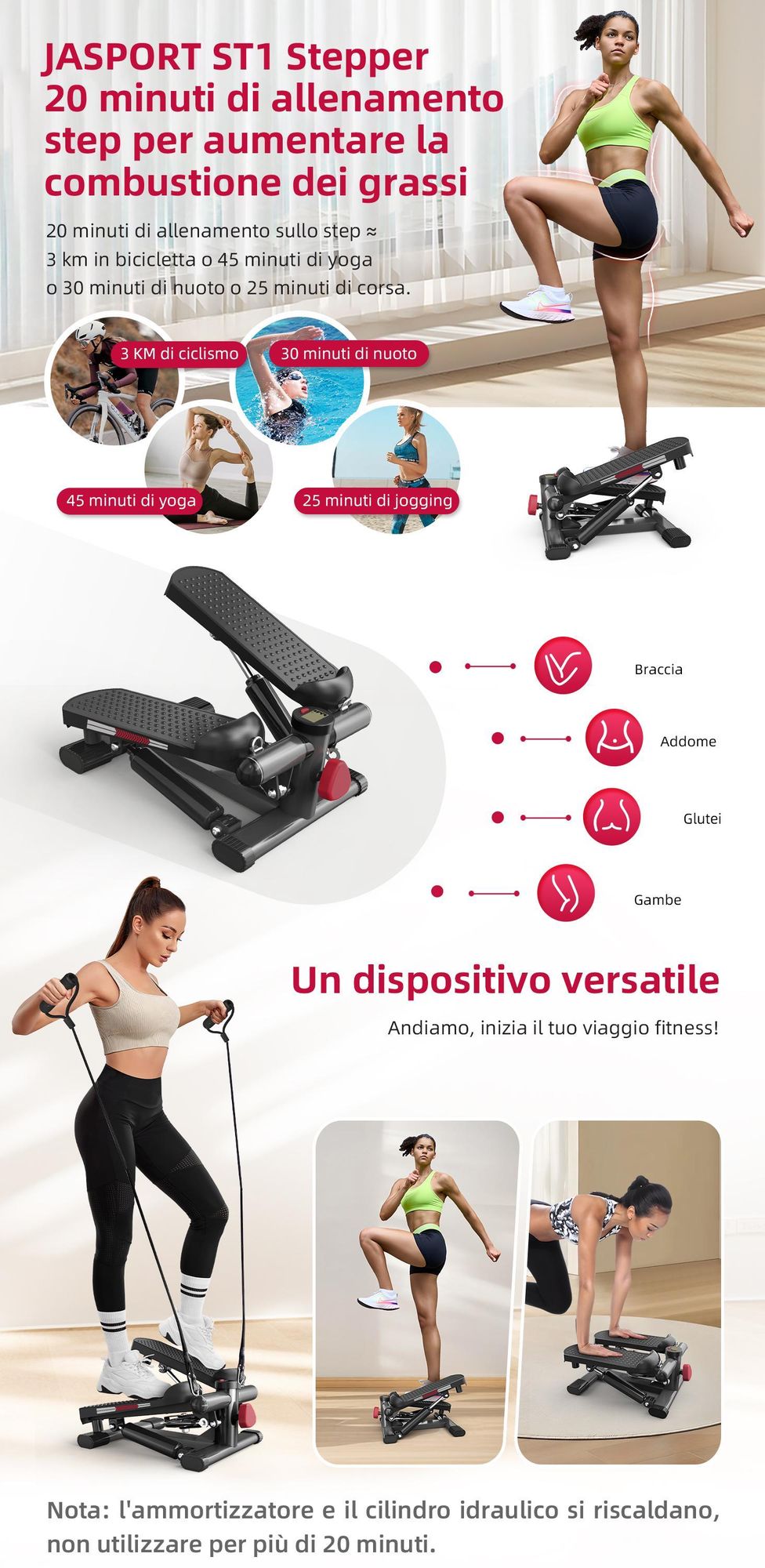 JASPORT ST1 Mini-Stepper 2-in-1 con corde, display LCD, resistenza regolabile, silenzioso e compatto, per gambe e braccia, carico max 100 kg