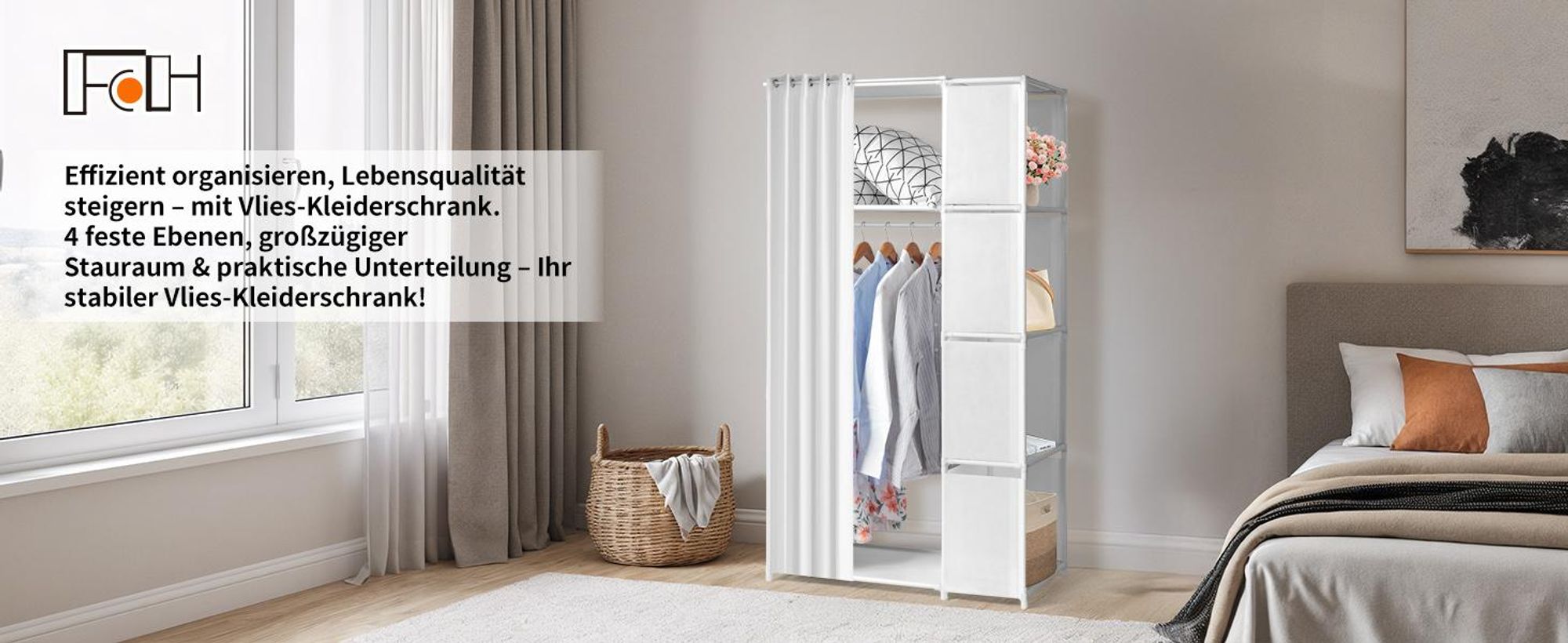 FCH Stoffschrank 4-Regal Doppelreihe Kleiderschrank mit Stange, Vorhang - 88,5x44,5x162,5cm Weiß