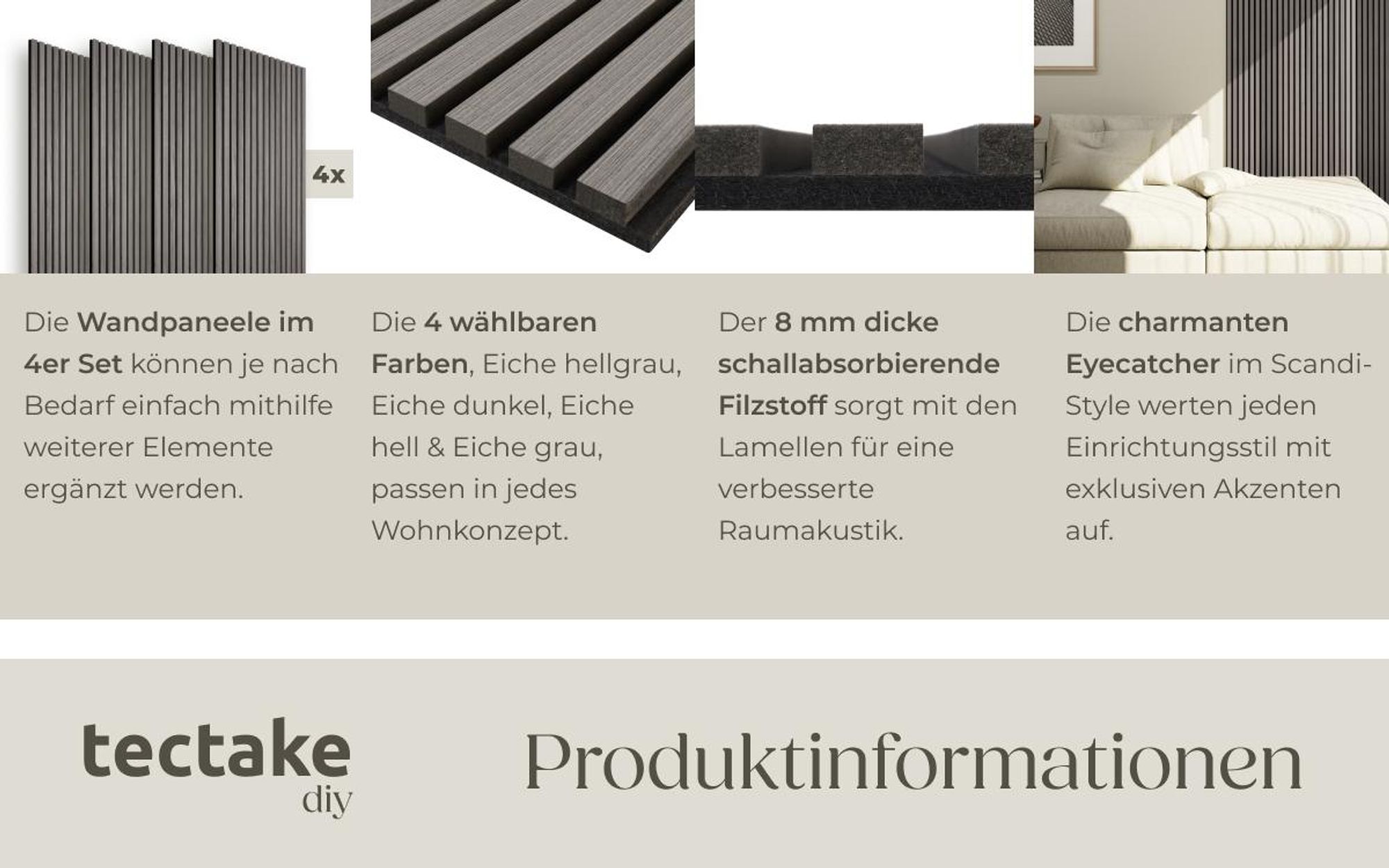tectake® Akustikpaneele Sonic Wall Holzoptik in Eiche hellgrau je 60 x 120 x 2,1 cm, Größe flexibel anpassbar