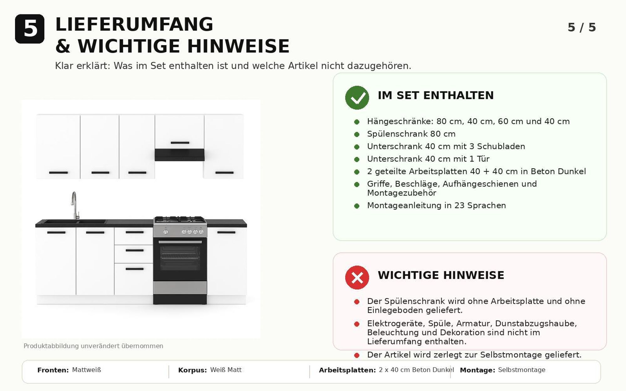Lieferumfang der 220 cm Küchenzeile in Mattweiß mit wichtigen Hinweisen.