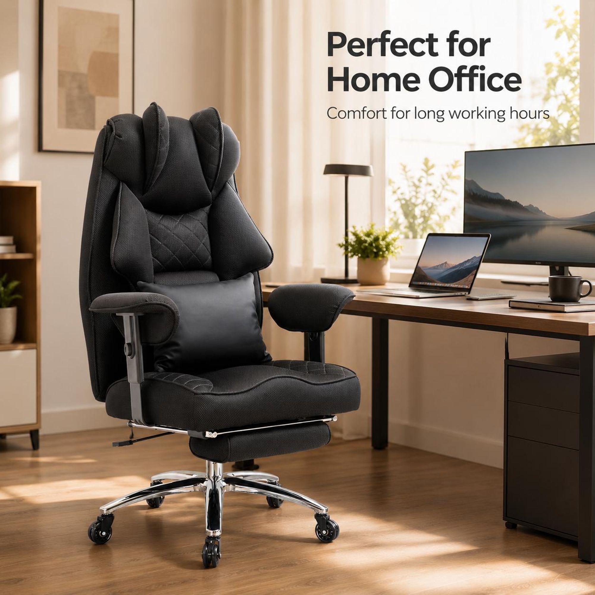 Schwarzer ergonomischer Bürostuhl Hochlehner mit Fußstütze und Lendenkissen