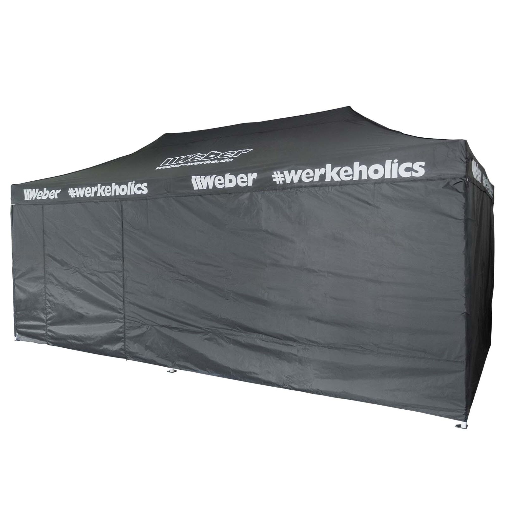 Weber Easy-Up Zelt 3 x 6 m inkl. 4 Seitenwände schwarz Aluminium Türöffnung Tragetasche höhenverstellbar faltbar Faltpavillon Pavillon