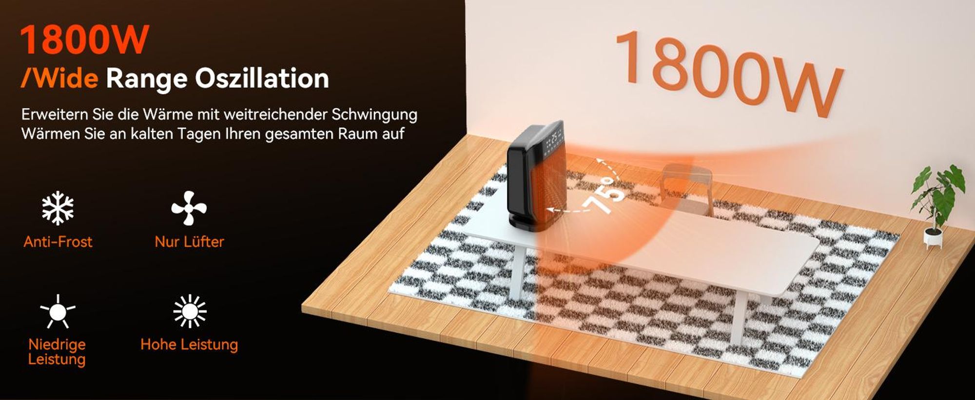 YASHE Heizlüfter, 1800W PTC Keramik-Heizlüfter, Elektrischer Heizung Energieeffi