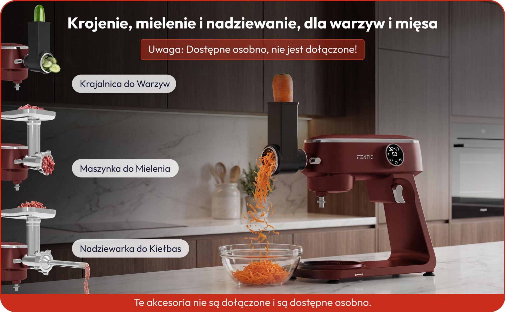 Fentic Robot Kuchenny 1800W, Misa nierdzewna 7L, Mikser planetarny do ciasta na chleb i pizzę, 10 prędkości z timerem & osłona przeciwbryzgowa