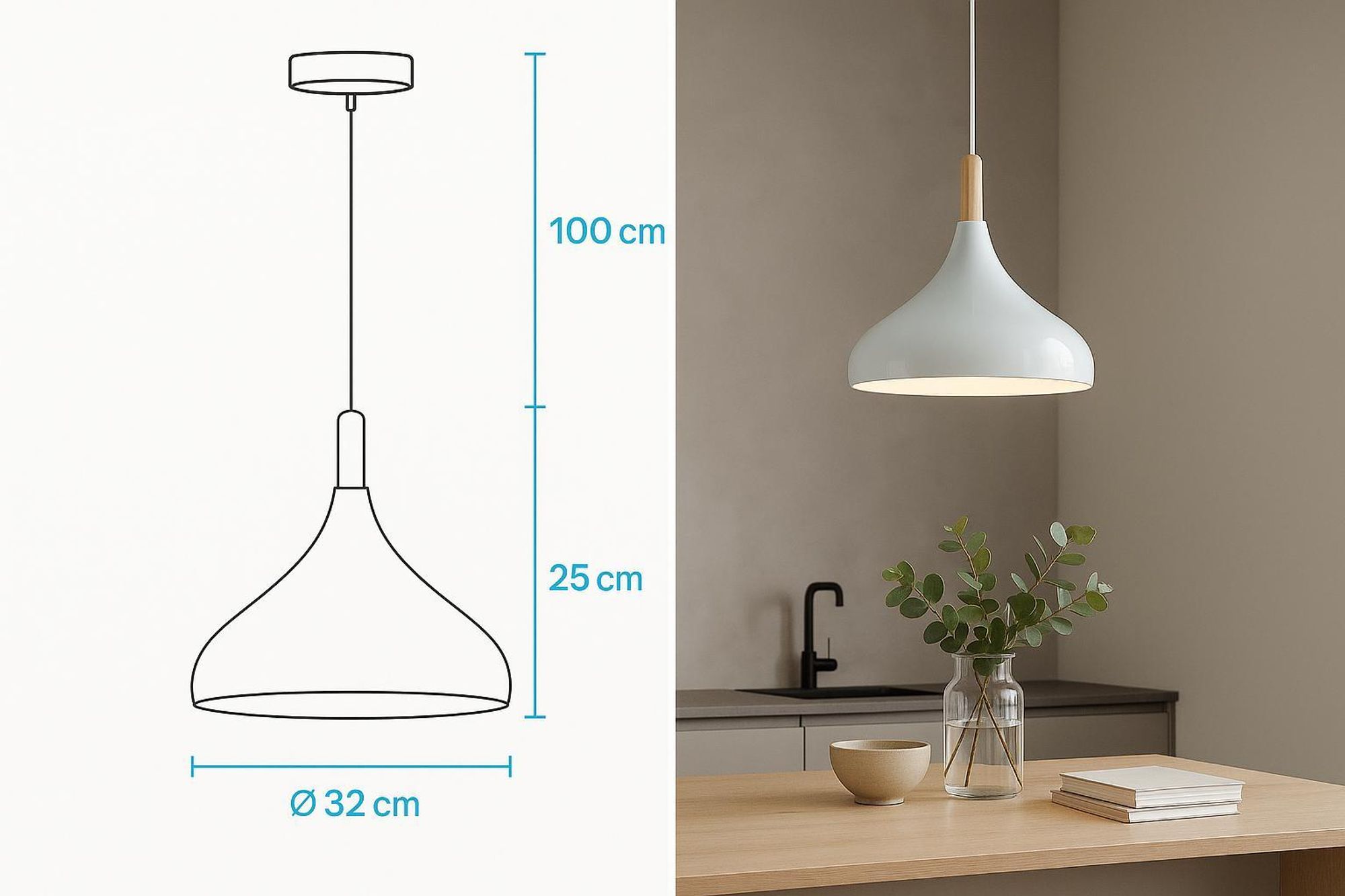 MasterLED Hängelampe MIKO E27 Weiß & Holz | Deckenlampe Retro Design | Pendelleuchte Ø32cm, 1m Kabel