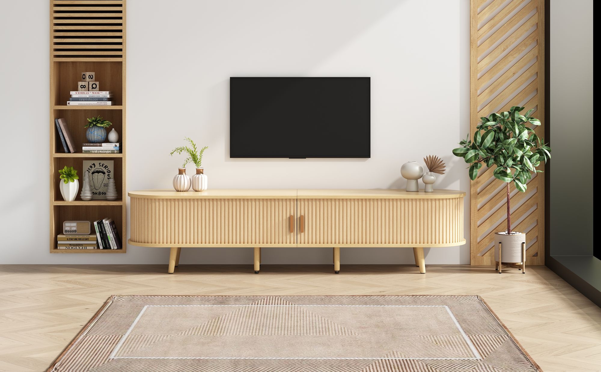okwish TV-Schrank,Sideboard，Lowboard，TV-Ständer，Aufbewahrungsmöbel，Schrank mit Stauraum ，Ovaler Tischplatte，Kommode  mit Schubladen，Helles Walnussholz