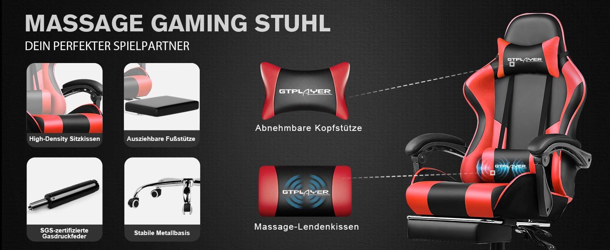 GTPLAYER Gaming-Stuhl Schreibtischstuhl, Ergonomischer Bürostuhl Mit Massagefunktion und Fußstütze, Gestänge Handlauf, Fußkreuz aus Stahl, Rot