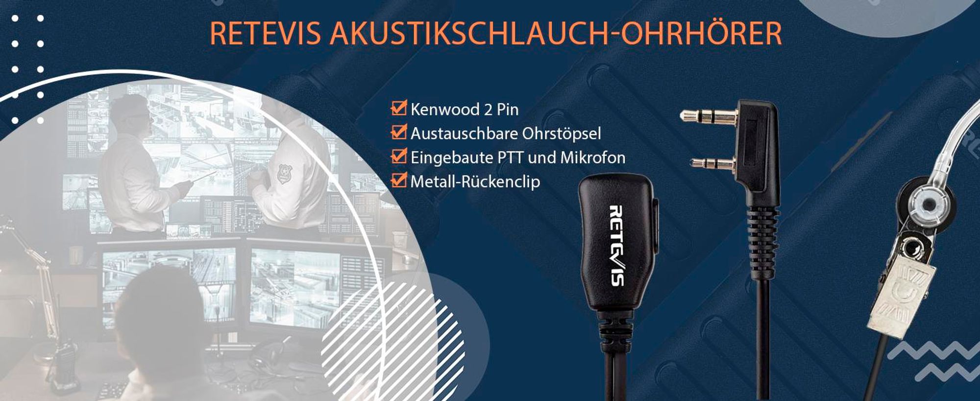Retevis Funkgerät Headset 2 Pin Kompatibel mit Walkie Talkie Retevis RT24 Plus RT622 RT27 BF UV-5R Plus BF-888S BF-88E Kenwood Sicherheits-Headset Kopfhörer Ohrhörer (1 Stuck)