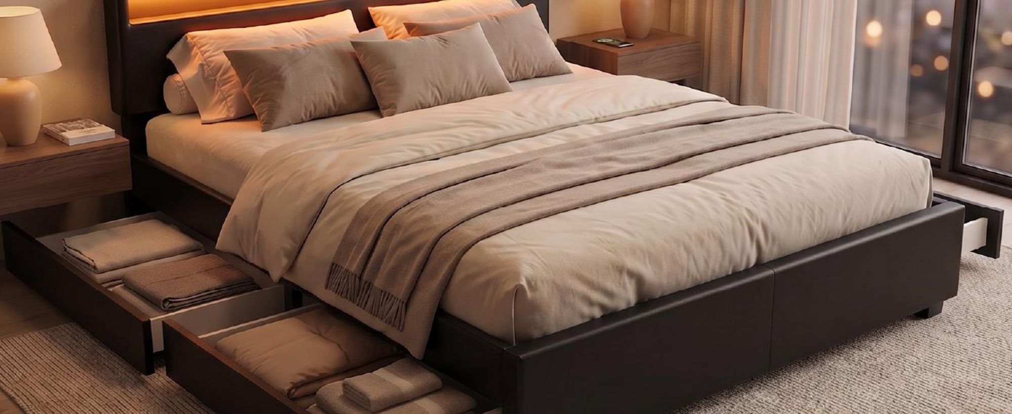 Juskys Polsterbett Lyon 180 x 200 cm schwarz – Bettgestell mit Lattenrost, Bettkasten & LED Beleuchtung – Kunstleder & Holz – Bett Doppelbett