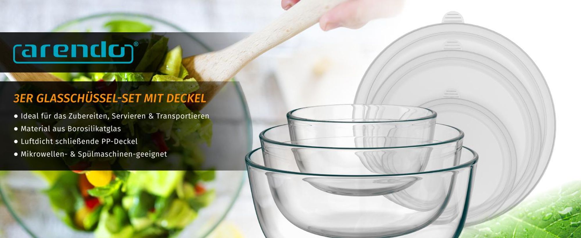 Arendo Salatschüssel 3er Set mit Deckel, Glasschüssel 1,1L / 2,7L / 4,4L, Glas Rührschüssel, Glas, (Set, 3-tlg), Glasschale, BPA-frei, spülmaschinen- und mikrowellengeeignet