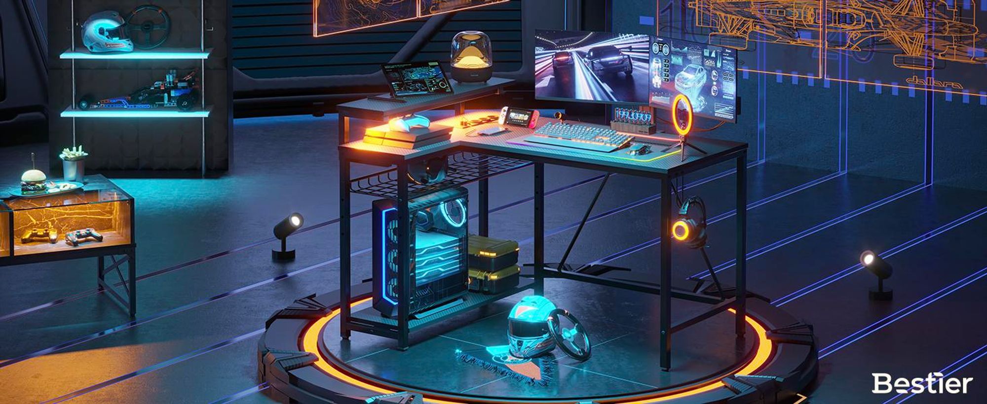 Bestier Gaming-Eckschreibtisch L-Form 132 cm – mit LED, Steckdosen, 2 Regalen & Haken – Umkehrbarer Computertisch für kleines Büro, Schlafzimmer