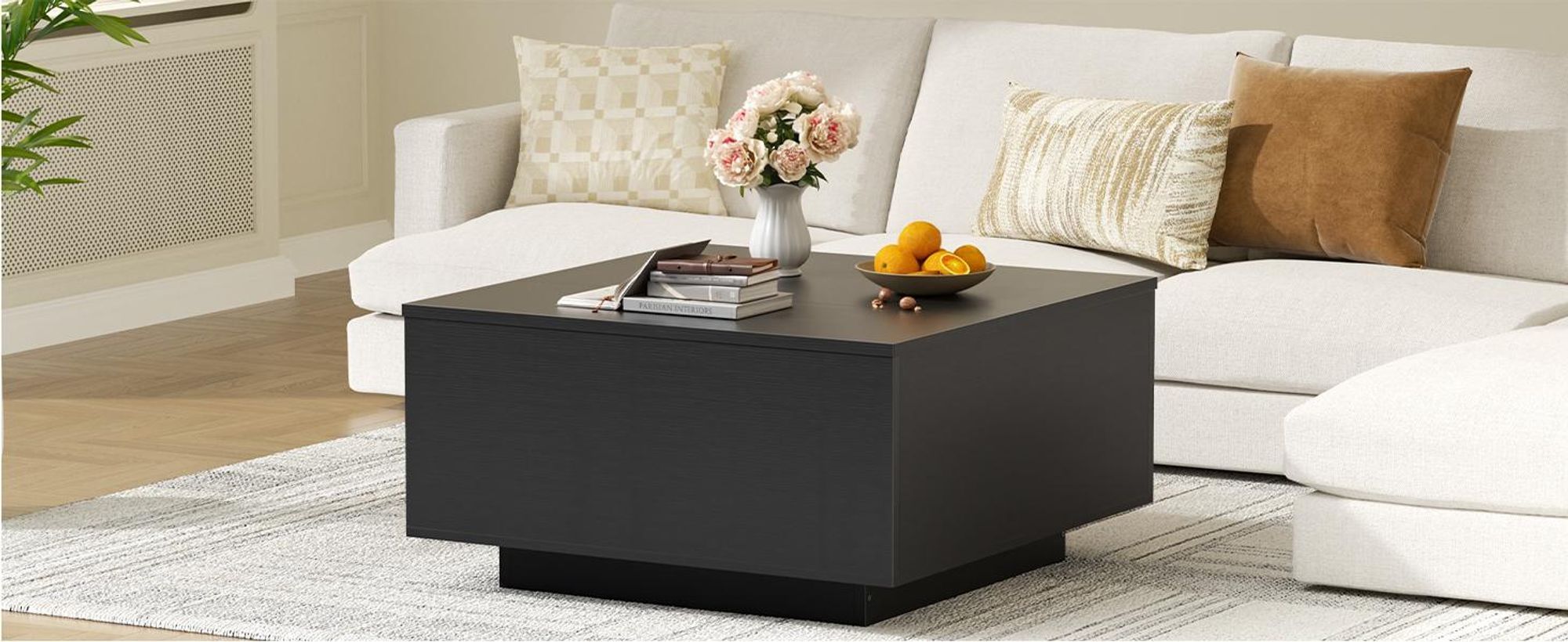 FABATO Couchtisch eckig, höhenverstellbar mit verstecktem Staufach, Landhaus-Design in Schwarz
