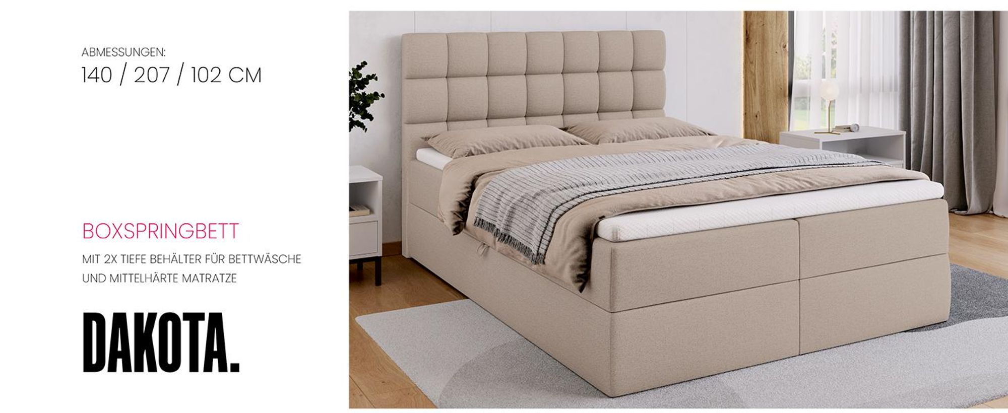 BroMARKT Boxspringbett DAKOTA mit 2 Bettkasten, Bonell-Matratze, Polsterbett, Bett (Grau, Inari 91, 140 x 200 cm)
