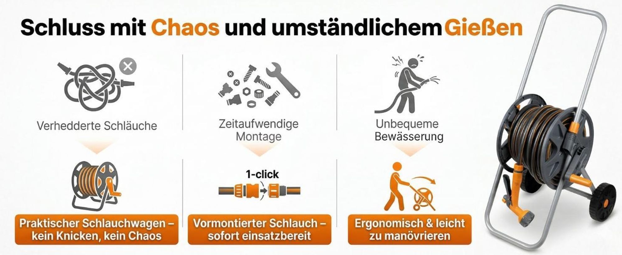 NEO TOOLS Mobiles Gartenbewässerungssystem Komplettset mit Schlauchwagen 30 m Gartenschlauch 1/2 Zoll und 6-Funktionen