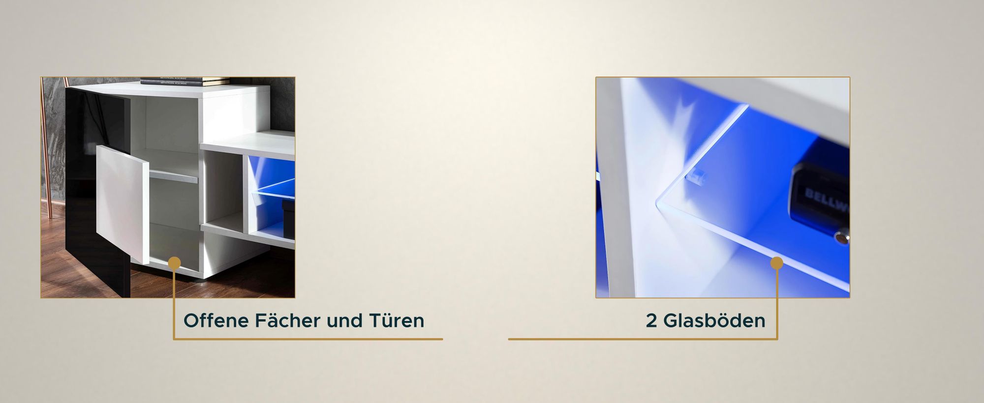 Komodee | TV-Schrank mit 2 Türen Merano | Korpus Schwarz Matt Frontfarbe Wotan und Schwarz , LED RGB