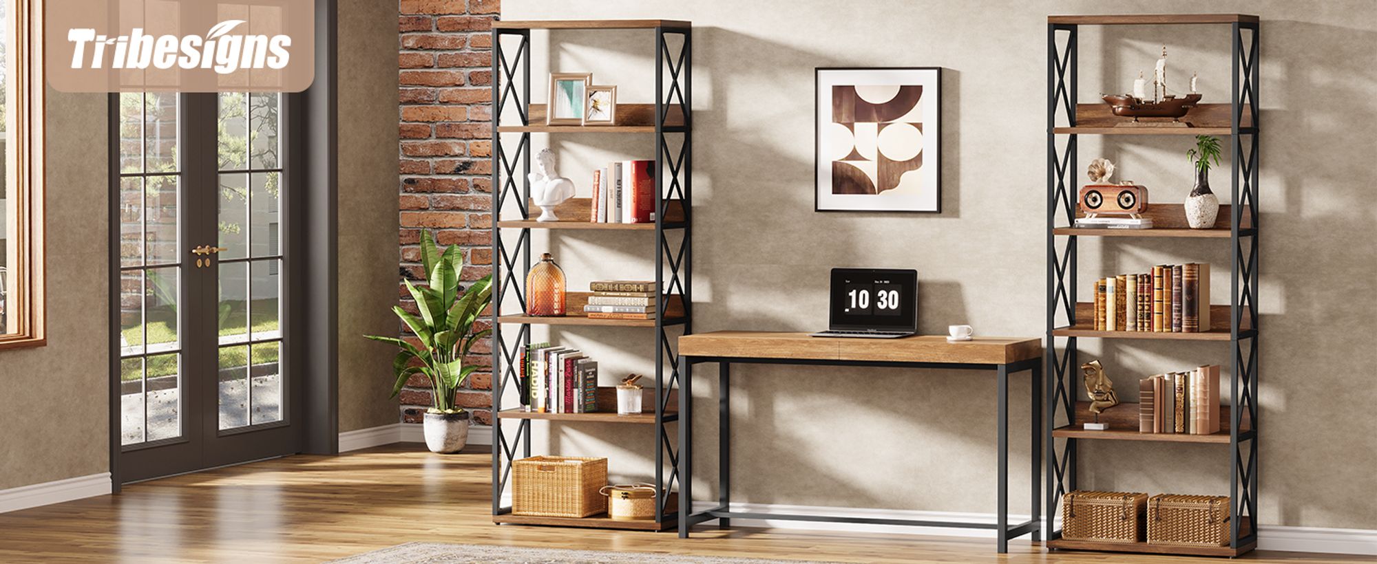 Tribesigns Bücherregal im Industriestil, 178 cm hoch, 6-stöckig mit offenen Regalen, Vintage-Stil, ideal für Zuhause, Büro, Braun und Schwarz