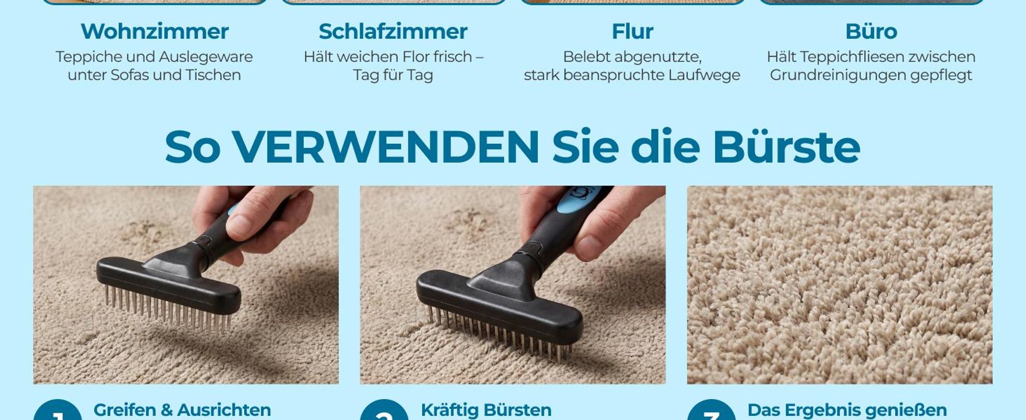 Glissimo Teppichbürste zum Auflockern von Fasern geeignet für Haustiere zur Reparatur von plattgedrücktem Teppich ergonomisches Design