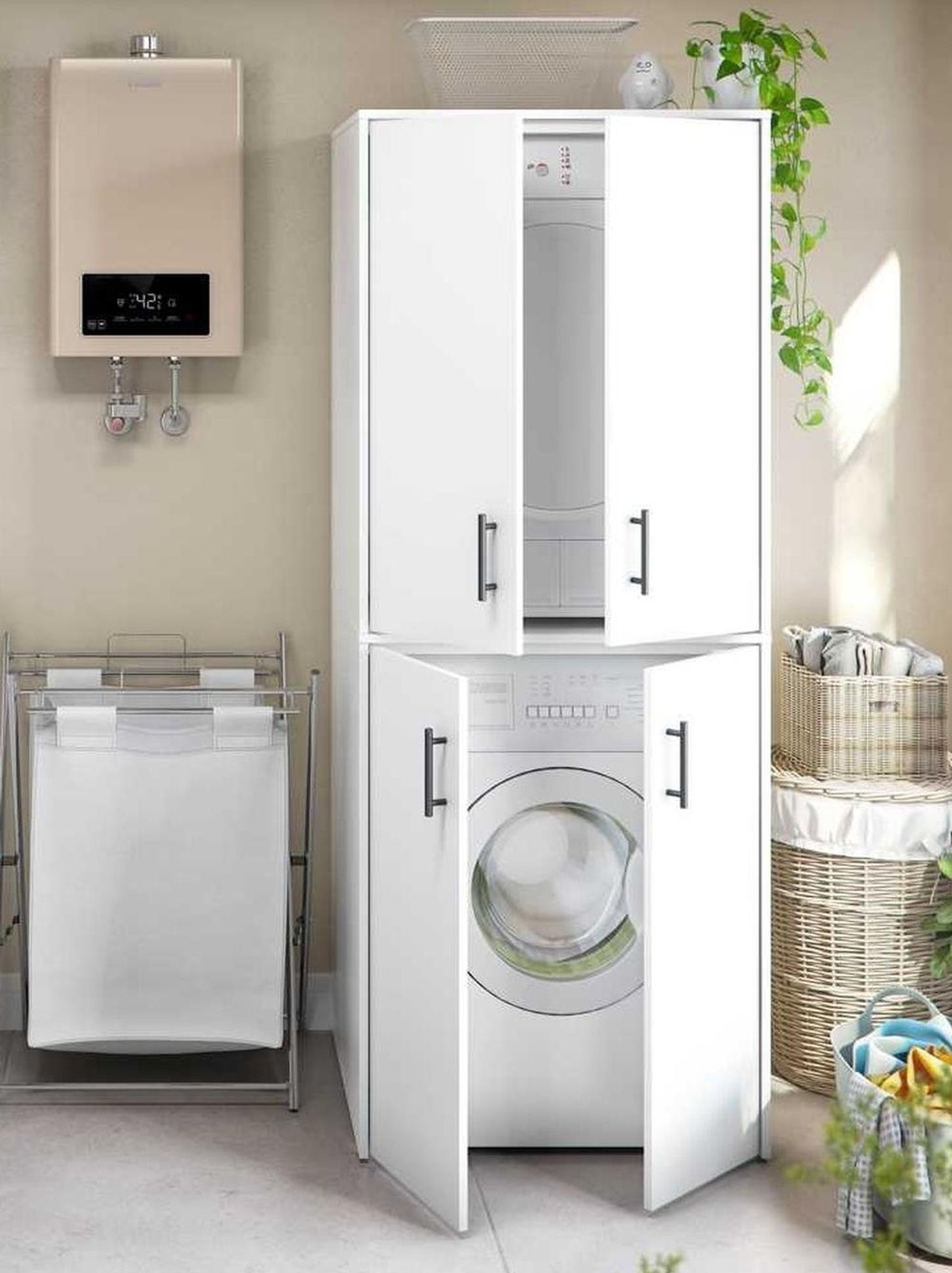 LAUNDRY Waschmaschinenumbauschrank – Mehrzweckschrank-Set mit Platz für 2 Geräte und geschlossenem S