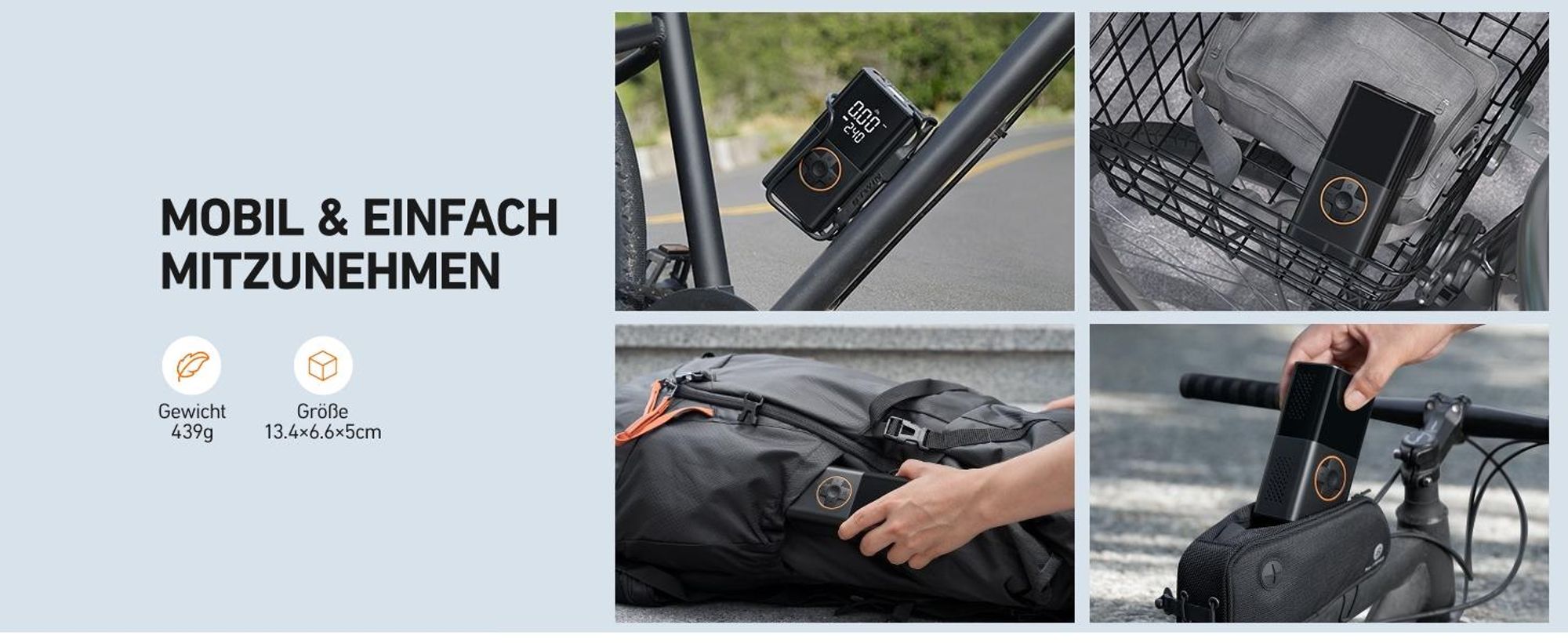 Elektrische Akku-Luftpumpe 150 PSI, 4000 mAh, Digitales Display, LED, Tragbar