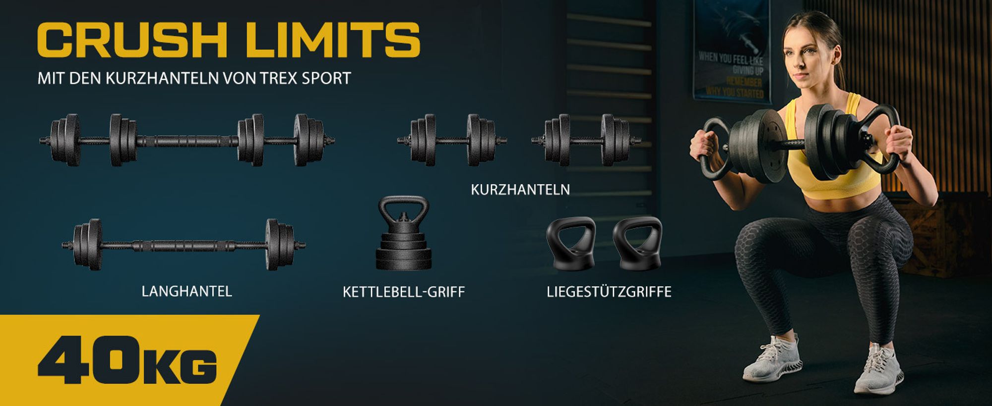 TREX SPORT Hantelset Kurzhanteln 4in1 Set | 2x20kg Kurzhantel Set, Langhantel, Liegestütze, Kettlebell | 40kg Dumbbell Hanteln Set mit Verbindungsrohr