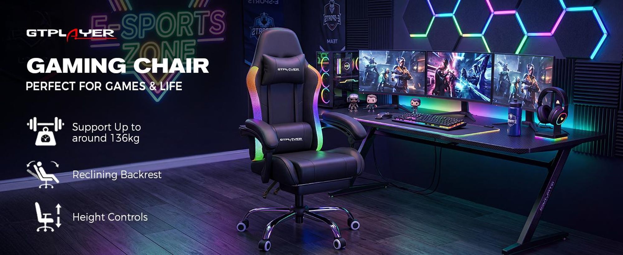 Herná stolička GTPLAYER, kancelárska stolička, herná stolička s LED pásikom a masážnou funkciou, ergonomická PC stolička s diaľkovým ovládaním, čierna