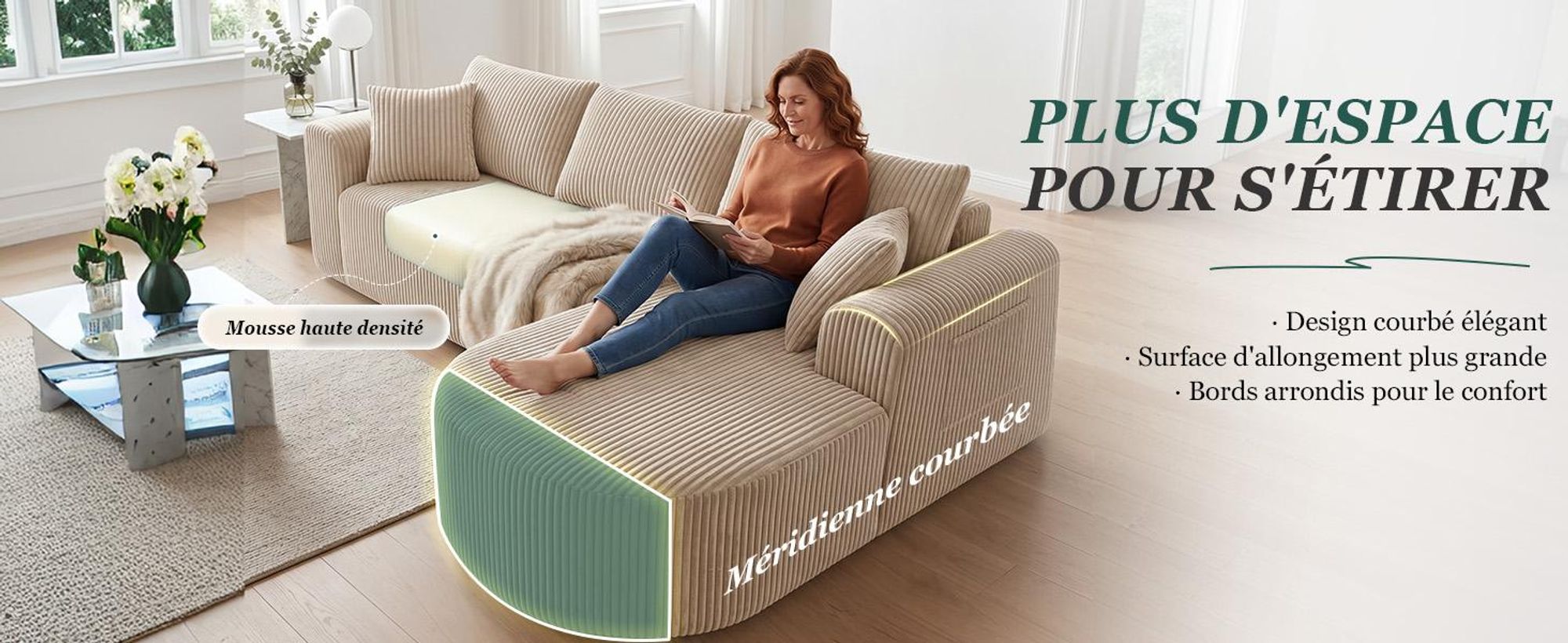 Canapé d'angle COMHOMA avec fonction convertible, 263 cm, en velours, modulaire, sans structure visible, avec chaise longue, canapé d'angle convertible, canapés modulaires avec coussins et poche latérale