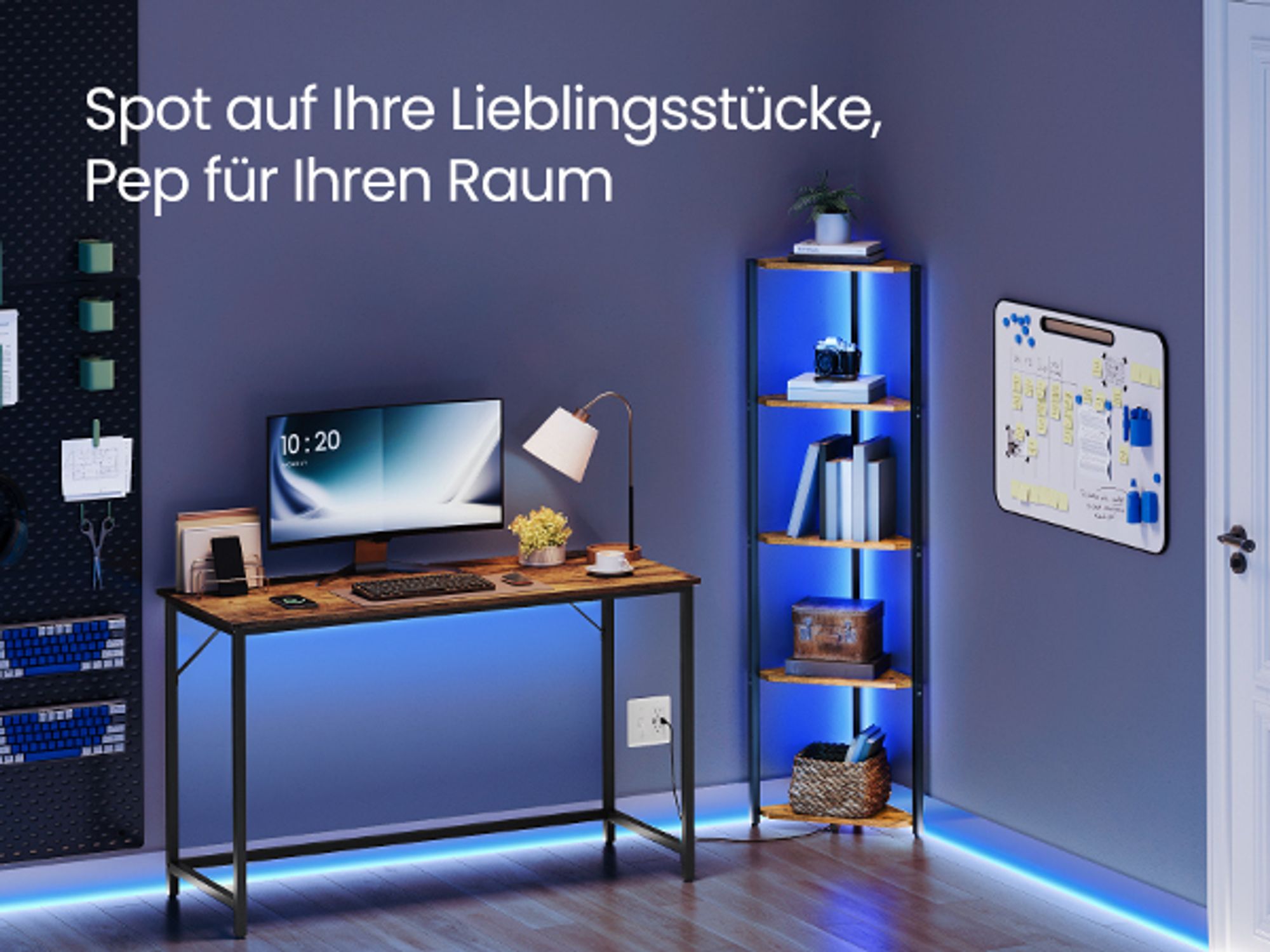 Eckregal mit 5 Ebenen, Bücherregal mit einstellbarer LED-Beleuchtung