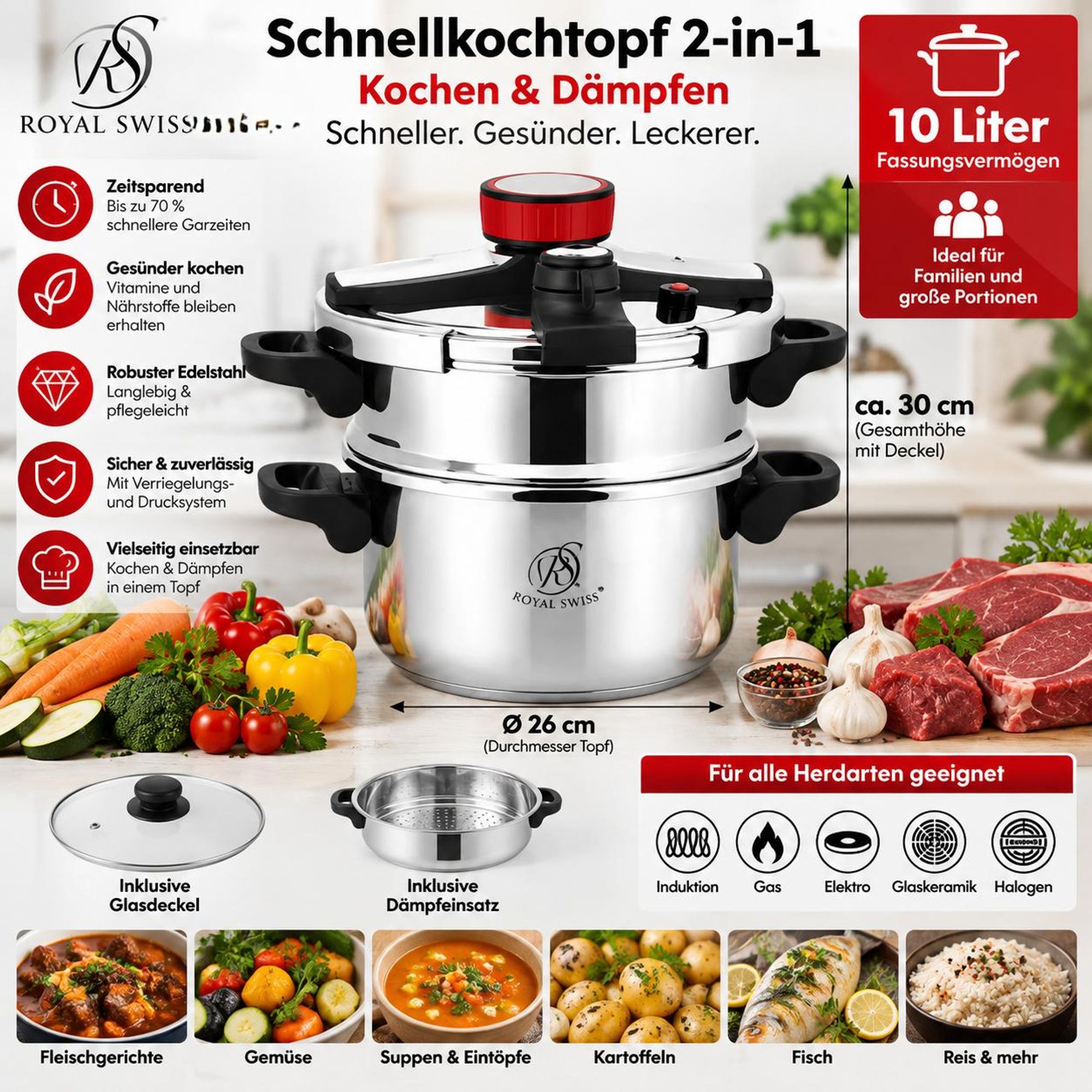 Schnellkochtopf 10 L Ø 26 cm Dämpfeinsatz   für Induktion Gas Elektro Glaskeramik Halogen