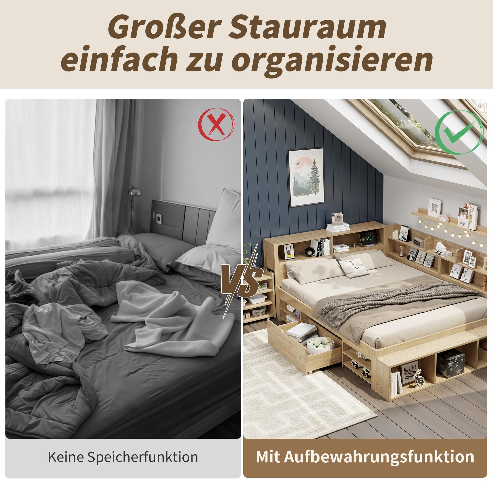 Flieks Jugendbett 90x200cm mit Ladefunktion, Kinderbett Tagesbett Einzelbett mit Schublade,  Ausziehbarem Nachttisch und Regal, Klassisches Bett