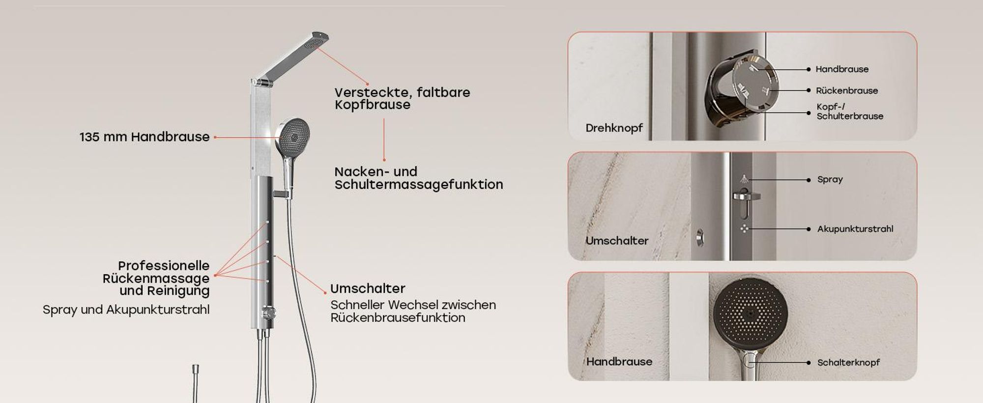 HOROW RainFlexi S1 Regendusche Set Massage ohne Armatur, Chrom Duschpaneel mit Großem Duschkopf, Klappbares Duschsystem, Höhenverstellbares Duschset