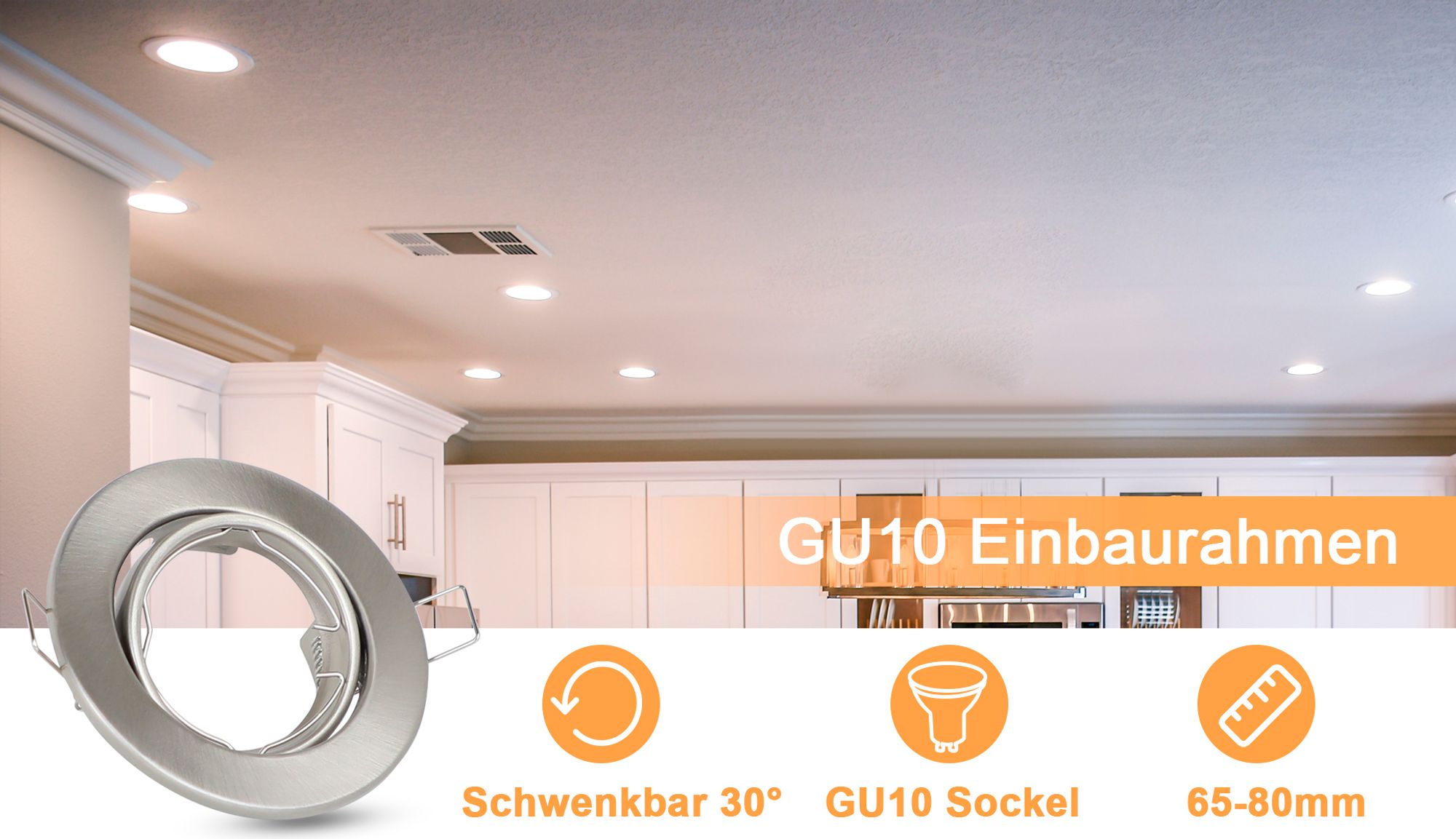 ZMH 12er set Einbaustrahler GU10 Fassungen Lochdurchmesser 50mm mit Sockel in Edelstahl Einbauleuchte Rahmen Einbauspots Schwenkbar 30° Spot für LED Leuchtmittel Halogen