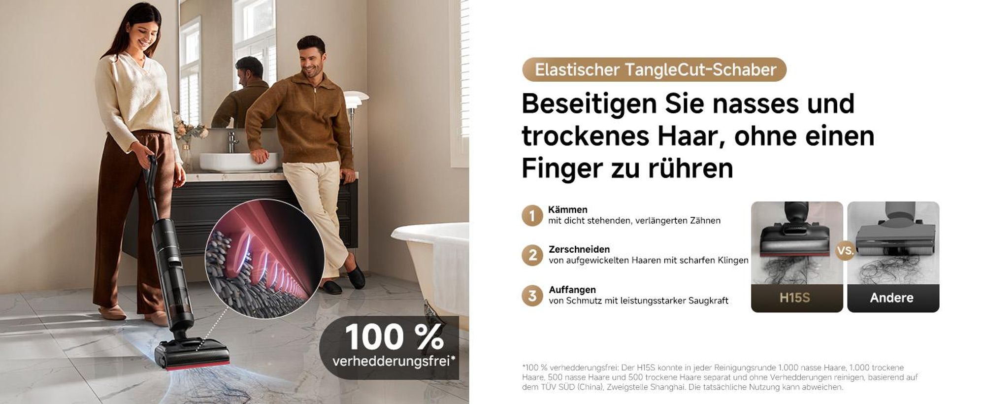 Dreame H15S Nass- und Trockensauger,3-fache Kantenreinigung,KI-Roboterarm,21000Pa Saugkraft,verhedderungsfrei,leise 90°C Trocknung,flaches 180°-Design