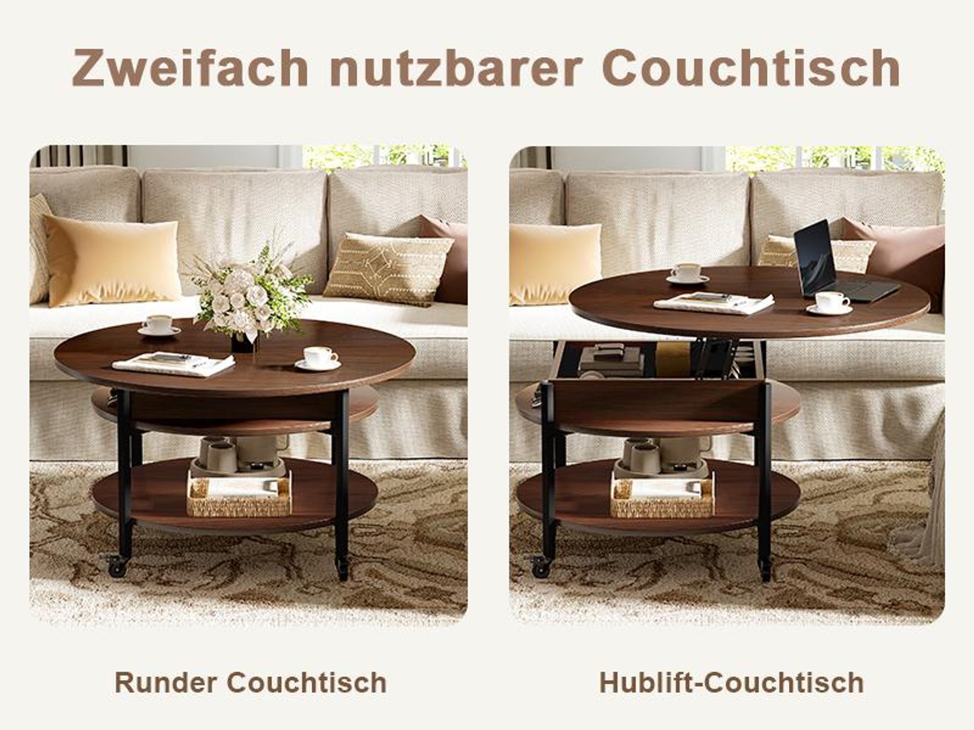 FABATO Runder höhenverstellbarer Couchtisch mit Rädern & Staufach – 26,77 Zoll (ca. 68 cm), 2-stufig, auch als Esstisch nutzbar, in Espresso