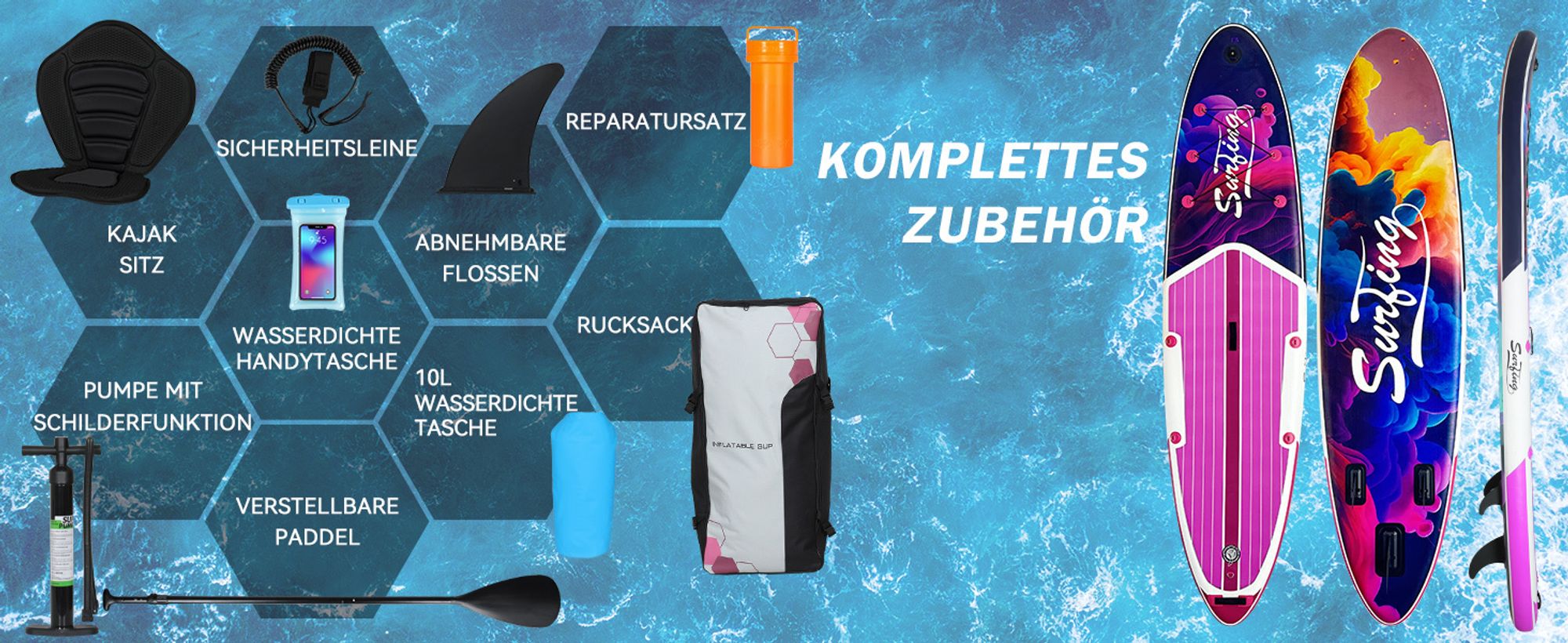 Puluomis SUP Board mit Sitz 335cm, Stand Up Paddle Boards Set, Paddling Paddelboard Surfbrett Aufblasbar, Pumpe Tragetasche, MB. bis 150Kg Lila