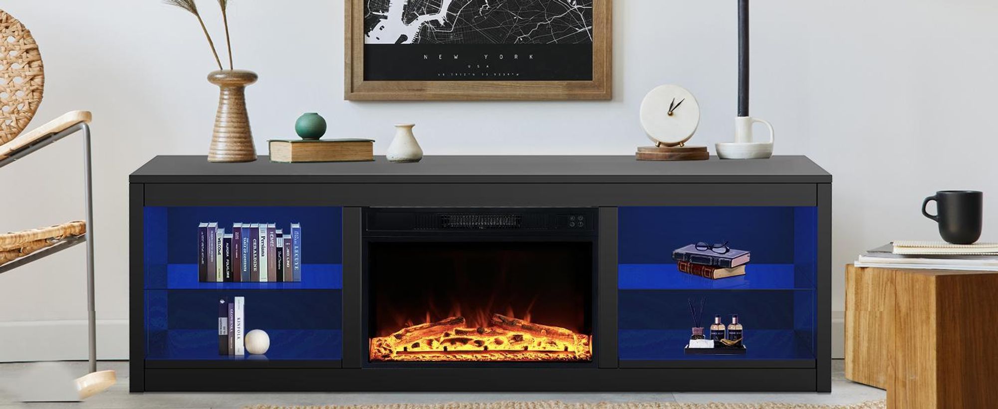 Parrot Uncle Meuble TV pour téléviseur jusqu'à 75 pouces, MDF, noir , avec cheminée électrique 24" et barre de LED changeant de couleur, 168 x 42 x 56 cm, capacité de charge 54 kg