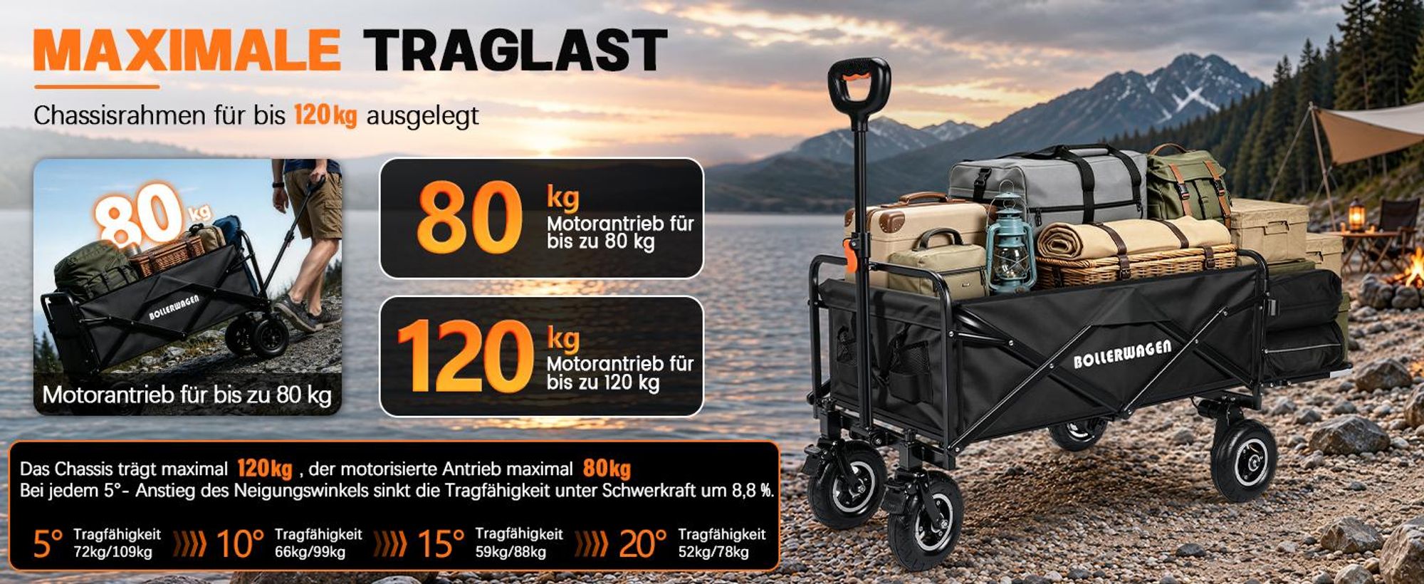 Elektrokarre mit Luftrad Faltbar Handwagen mit 2×2,0AH für Makita Akku, 240L/120KG/116×58×55cm/Griff 68-100cm Campingwagen Gartenwagen Strandwagen